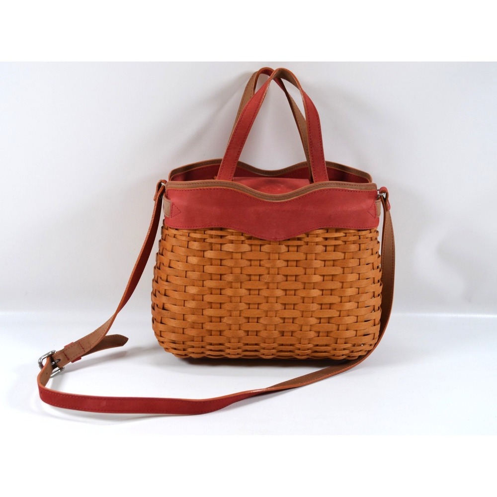 Longaberger Woven Basket Purse Red Leather Woven Wood Strap Handles